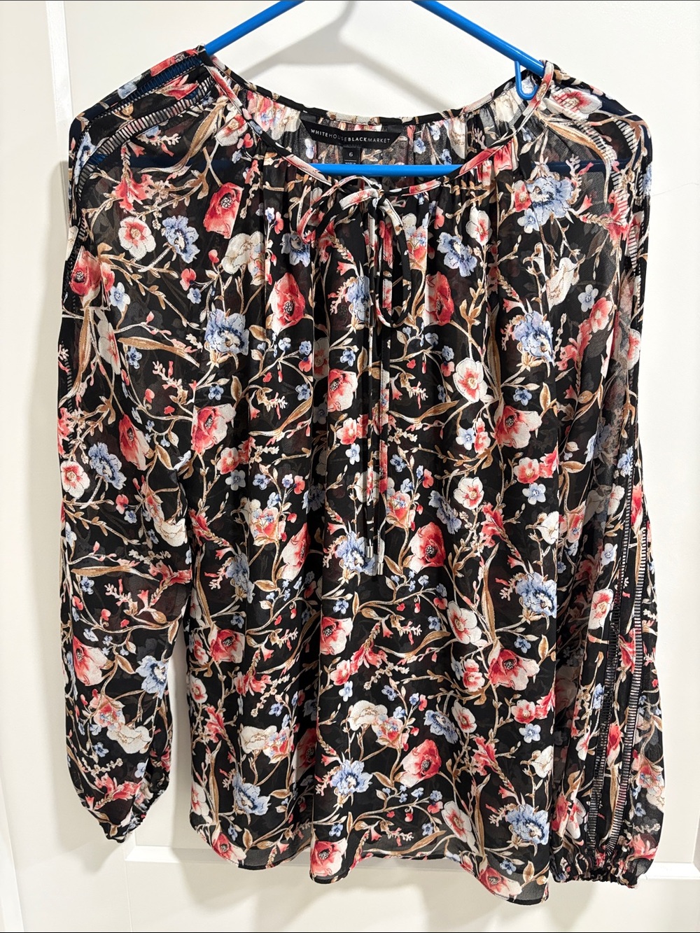 White House Black Market Black Floral Tie-Neck Blouse